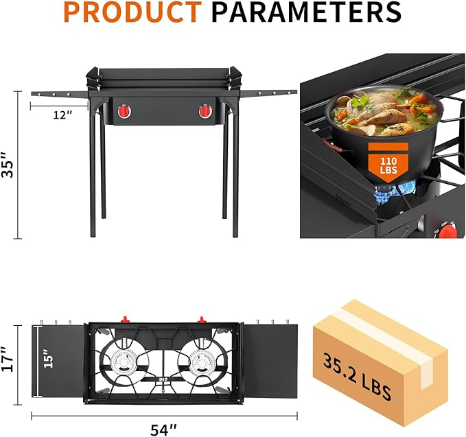 SKOK 2 Burners Portable Propane Stove with Side Shelves & Wind Panel,Portable Camping Stove with 150,000 High Efficiency Propane Burner,Outdoor Stove for Camping, Backyard, Picnic