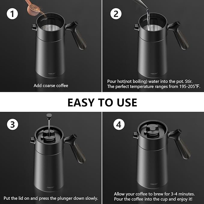 Stainless Steel French Press Coffee Maker, Double Walled Insulated Coffee & Tea Maker with Filter (Matte Black, 32 Ounce)