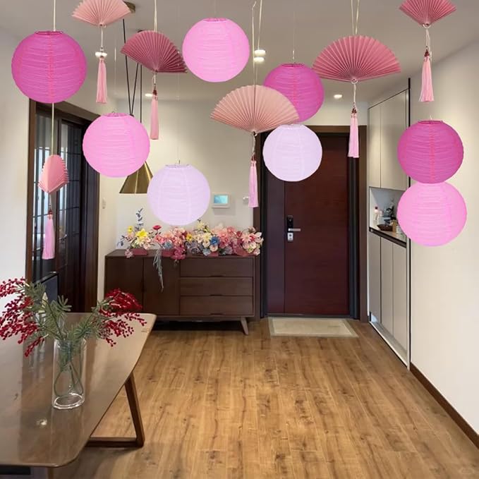 12Pcs Round Paper Lanterns Assorted Sizes (6" 8" 10" 12") for Home Decor, Restaurant, Church, Wedding, Birthday Party Decorations, Hanging Chinese Japanese Paper Lantern Lamps (Pink Series)