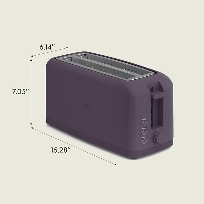 bella 4 Slice Slim Toaster, Fits-anywhere™ Kitchenware, 6 Setting Shade Control with Reheat & Cancel Buttons, Fits Sourdough, 10” Long Slot, Anti Jam & Auto Shutoff, 900 Watt, Plum