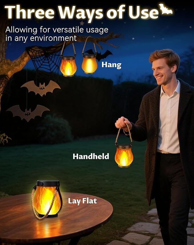 Solar Lantern Outdoor lamp - Waterproof Type Solar Flame lamp Can be Hung and Features Dancing Flames. Hemp Rope Suspended Flame Lantern, Dual Charging Mode, Smoke-Free (2PC)
