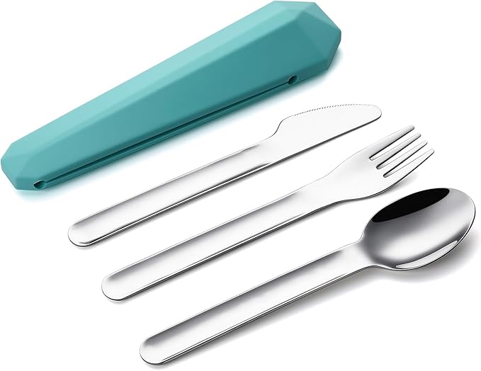 DEVICO Travel Utensils with Case, Reusable Camping Silverware Cutlery, 18/8 Stainless Steel Portable Fork Spoon Knife Set for Lunch Picnic School Workplace (Teal)