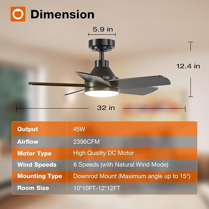 addlon Ceiling Fans with Lights, 32 inch Black Ceiling Fan with Light and Remote Control, Reversible, 3CCT, Dimmable, Noiseless, Small Ceiling Fan for Bedroom, Farmhouse, Indoor/Outdoor Use