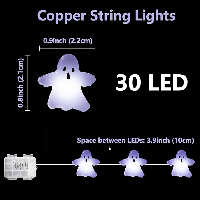 Halloween String Lights Ghost Decorations, 30 LED Copper String Lights with Remote Control & Waterproof Battery Operated Fairy Lights for Indoor Outdoor, Christmas, Halloween Room Decor (White Ghost)