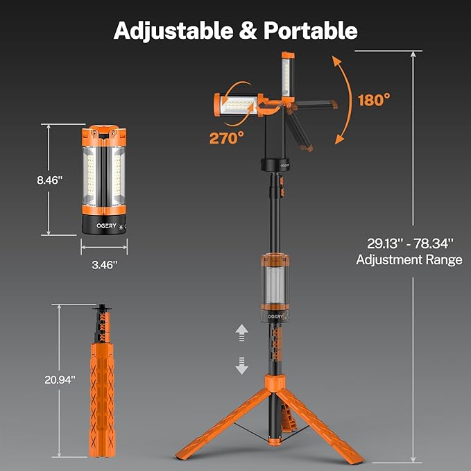 OGERY Rechargeable 10000mAh Camping Light with Stand 6.5 ft Max Height, Cordless Work Light with 3 LED Lamp Heads, 2200 Lumens Camping Essentials Gear Emergency Flashlight with Detachable Tripod