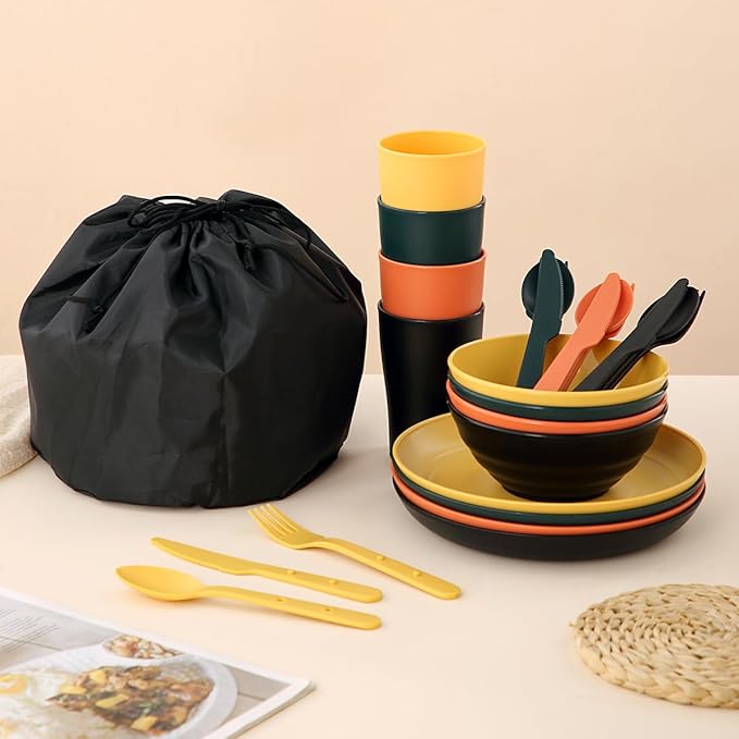 Camping Mess Kit for 4 with Bowl, Plate, Cup, Spoon, Fork, Knife and Carry Bag, Plastic Camping Accessories Essentials Gear for Travel, Picnic, Outdoor, Easy to Carry & Store