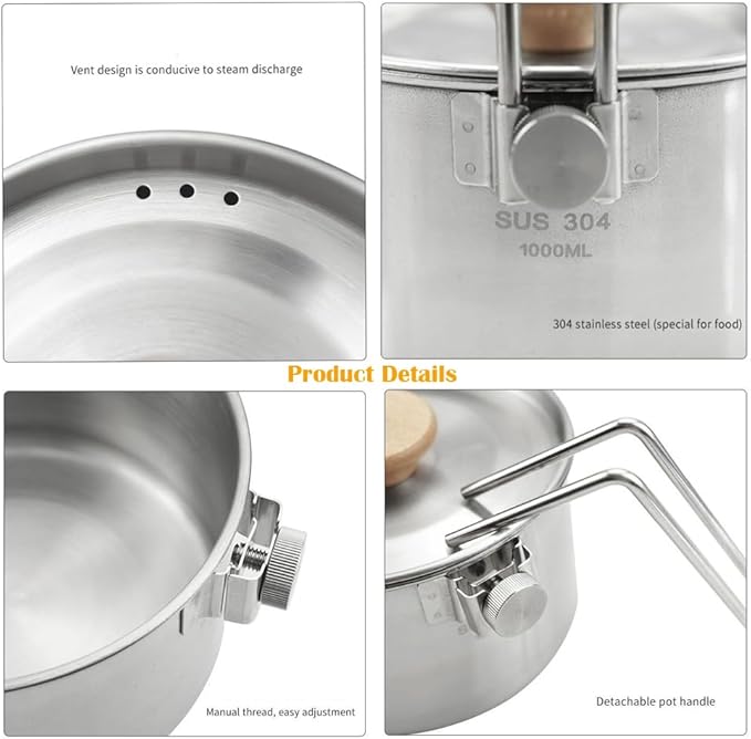 BSGB Camping Pot with Lid Fork Knife Spoon Bag and Detachable Handle 1L/34oz 304 Stainless Steel Pot Travel Coffee Pot Camping Tea Kettle Cookware Hiking Picnic Backpacking Survival