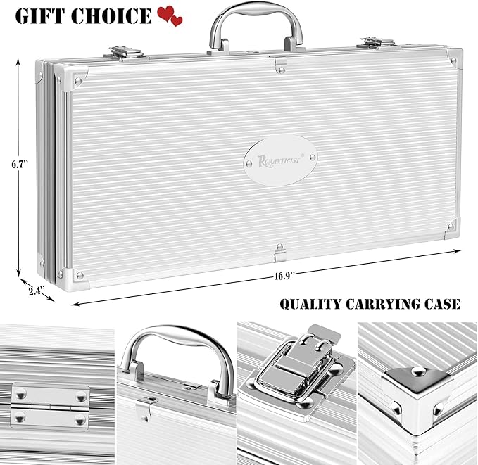 ROMANTICIST 30pcs BBQ Grill Tool Set for Men Dad, Heavy Duty Stainless Steel Grill Utensils Set, Non-Slip Grilling Accessories Kit with Thermometer, Mats in Aluminum Case for Fathers Day Black