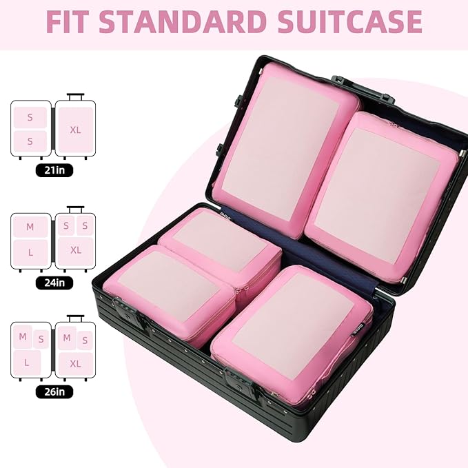 BAGAIL 4 Set/6 Set/8 Set Compression Packing Cubes Travel Accessories Expandable Packing Organizers (Square Mesh, 06-Pink)