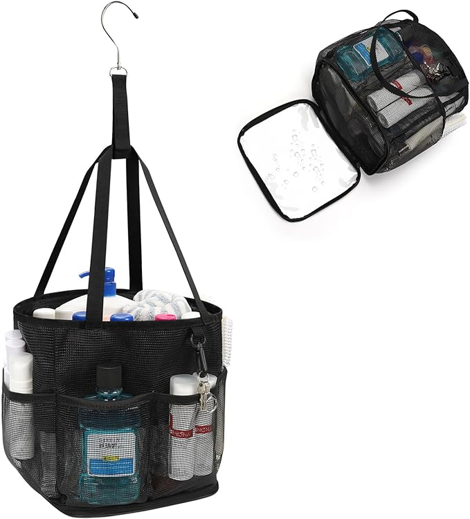 Mesh Shower Caddy Portable for College Dorm Room Essentials, Shower Tote Bag with Hanging Hook and Drawstring, Quick Dry Toiletry Bag with 6 Pockets for Bathroom, Swimming, Gym, Camping, Beach, Travel