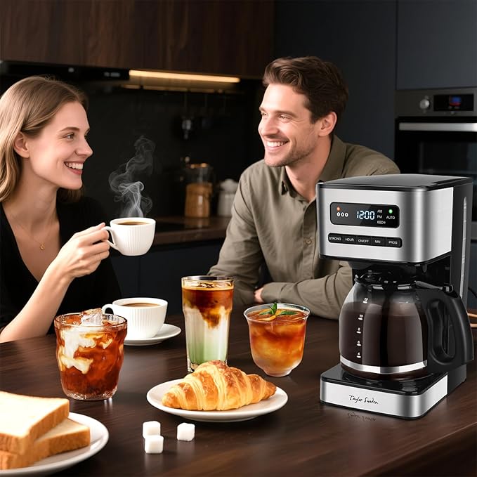 Taylor Swoden Programmable Coffee Makers 12 Cup, Hot and Iced Coffee Maker, 4 Brew Strength, LED Display, 24H Timer, Keep Warm&Auto Shutoff- Drip Coffee Machine for Home/Office, Black &Stainless Steel