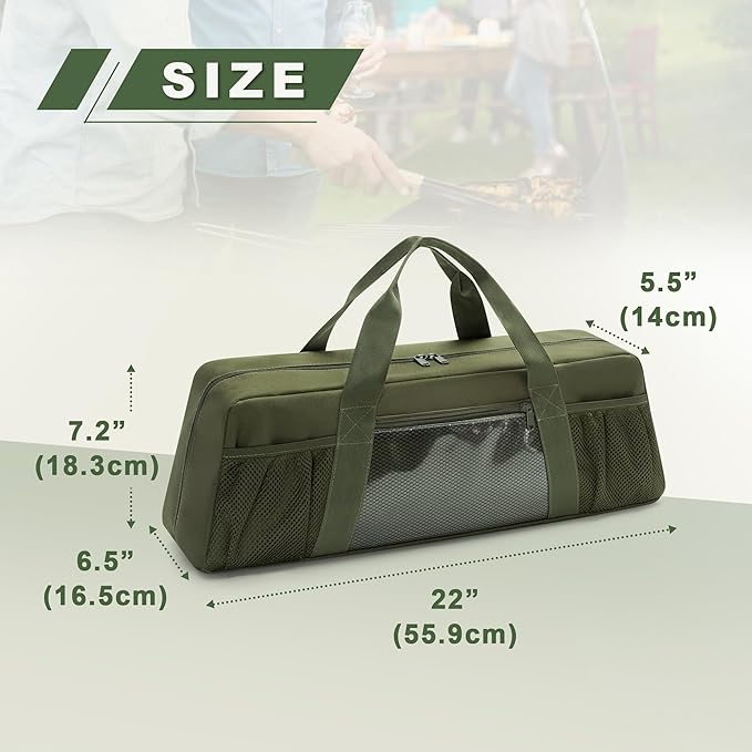 Grill Tool Storage Bag, Outdoor BBQ Utensil Holder for Barbecue Tool up to 20", Large Grill Utensil Storage Caddy with Pockets, BBQ Accessories Case Container for Camping, Bag Only, Green
