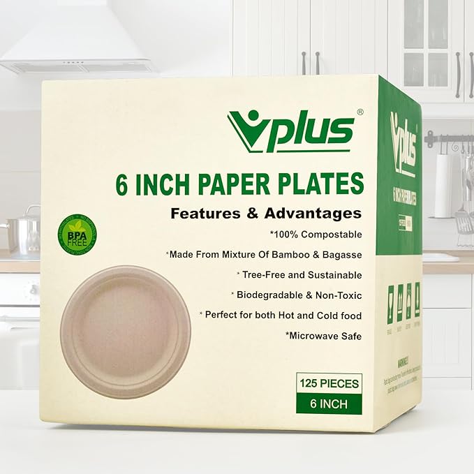 Vplus 125 Pack 6 inch Paper Plates 100% Compostable, Heavy-Duty Disposable Paper Plates Bagasse Natural Biodegradable Eco-Friendly Sugarcane(Nature)