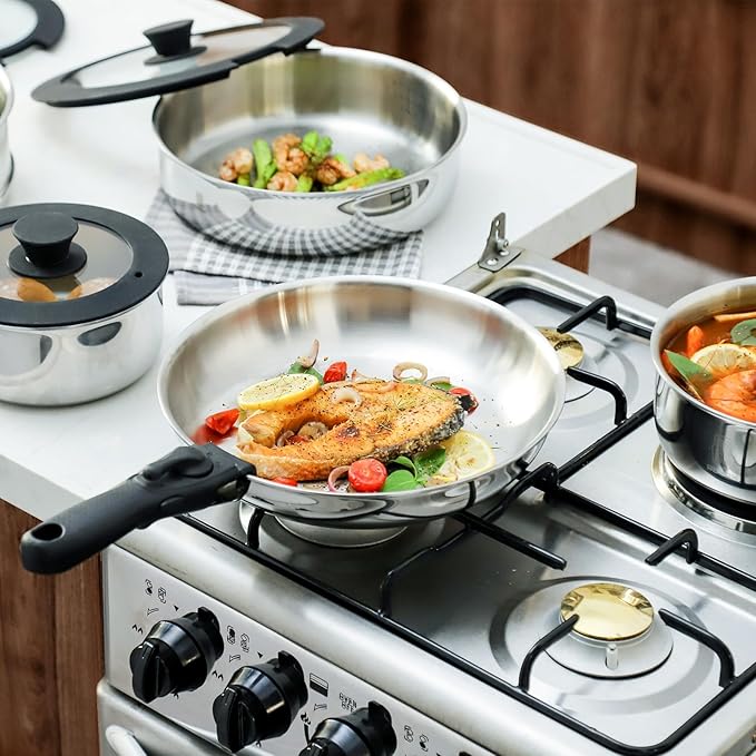 ROYDX 3-Ply Pots and Pans Set, 18/10 Stainless Steel Kitchen Removable Handle Cookware Set,PFOA Free, for All Stoves, Suitable for Home, RV, Boat, Camping, Space Saving Induction Oven Safe