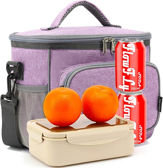 FlowFly Insulated Reusable Lunch Bag Adult Large Lunch Box for Women and Men with Adjustable Shoulder Strap,Front Zipper Pocket and Dual Large Mesh Side Pockets,Purple