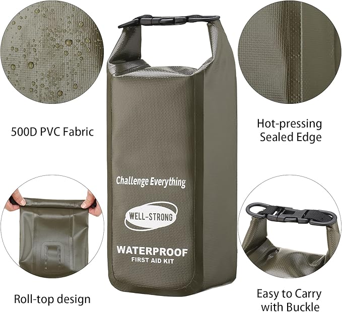 Waterproof First Aid Kit Roll Top Boat Emergency Kit with Waterproof Contents for Fishing Kayaking Boating Swimming Camping Rafting Beach Green