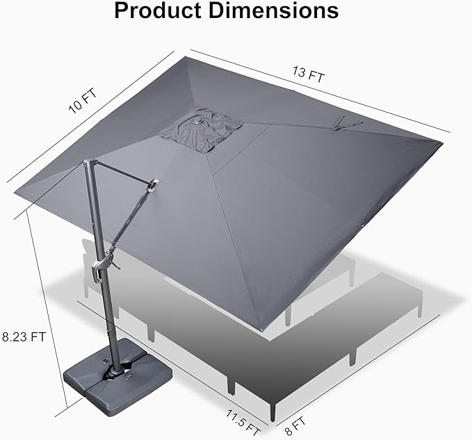PURPLE LEAF 10' X 13' Patio Umbrella Large Rectangle Outdoor Aluminum Cantilever Umbrella with 3-Year Fade Resistance Recycled Fabric and 360-degree Rotation for Deck Pool Garden, Graphite Grey