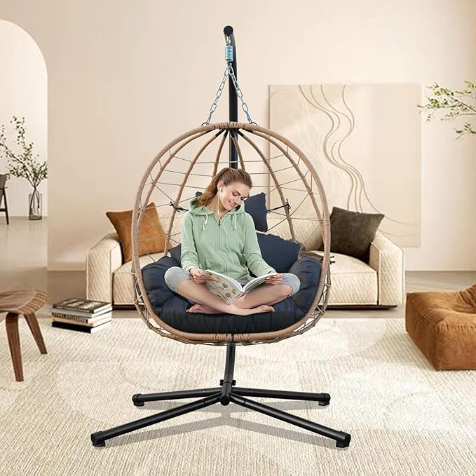 Egg Chair with Stand, Uv-Proof Pe Wicker Hanging Chair for Outdoor Patio, Cushioned Hammock Swing for Bedroom Garden Indoor/Outdoor, Double-Zipper Structure Hanging Egg Chair (Yellow and Black)