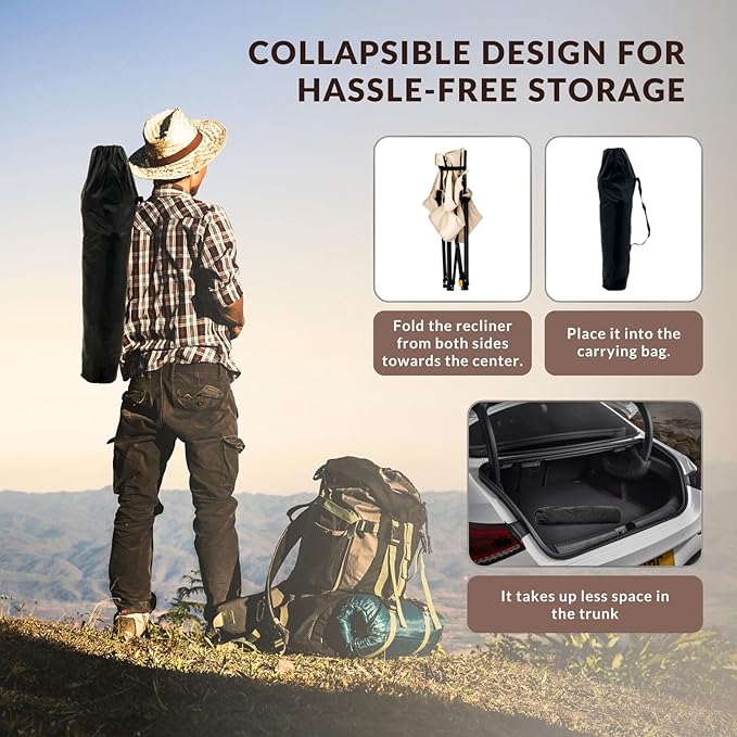 Reclining Camping Chair 4-Position Adjustable, Lightweight Folding Lounge Beach Chair for Adults with Removable Footrest & Headrest, Cup Holder & Storage Pouch for Outdoor(330lbs Capacity), Beige