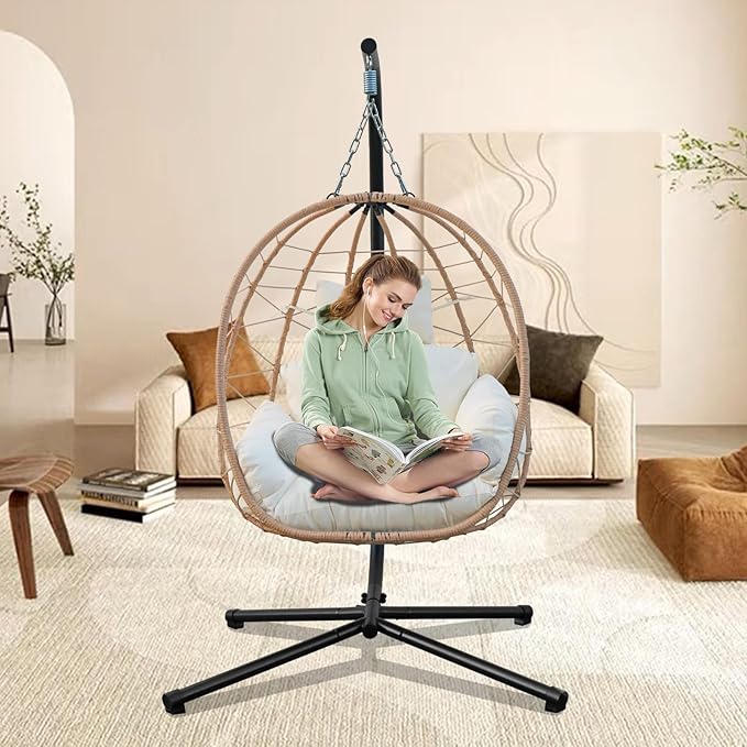 Egg Chair with Stand, Uv-Proof Pe Wicker Hanging Chair for Outdoor Patio, Cushioned Hammock Swing for Bedroom Garden Indoor/Outdoor, Double-Zipper Structure Hanging Egg Chair (Yellow and White)