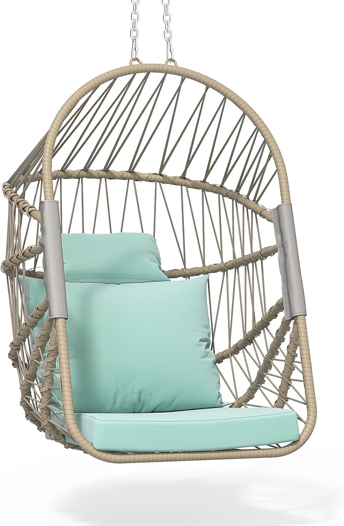 YITAHOME Hanging Egg Chair Without Stand, Rattan Wicker Swing Egg Chair with Resistant Cushion, 350lbs Capacity, Foldable Hanging Basket Chair for Porch, Garden, Bedroom, Balcony - Sky Blue