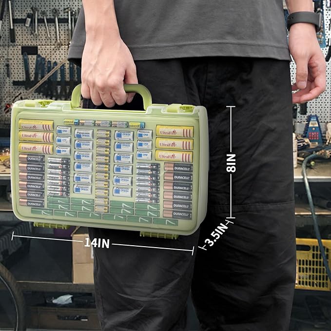 Battery Organizer Storage Holder Box Case with Tester- 269 Batteries Double-Sided Variety Pack, Holds AA AAA 4A C D Cell 9V 3V Lithium LR44 CR2 CR123 CR1632 18650 Button- Green (Box Only)