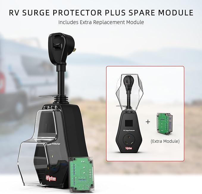RV Surge Protector 30 Amp with Extra Replacement Module, 1.77" Smart LED Display, 10000 Joules Circuit Analyzer, Waterproof Design with Oversized Cover for Camper & Trailer Power Plug