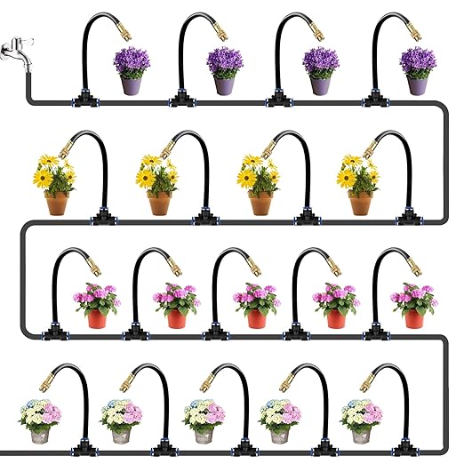 60Ft Drip Irrigation System for Garden – 360° Bendable Automatic Watering Kit with 18 Adjustable Nozzles, Misting Hose for Greenhouse, Lawn, Yard & Plants (60 FT)