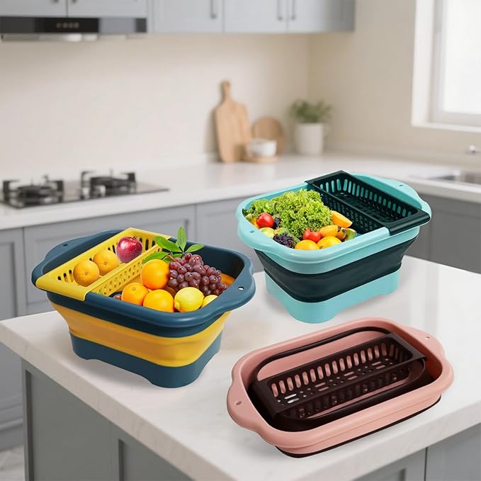 2.77 Gallon (10.5L) Collapsible Dish Basin with Drain Plug, Pink Camping Dish Basin for RV, Space-Saving Foldable Washing Bin, BPA-Free Portable Sink for Vegetables and Dishes - with Brush