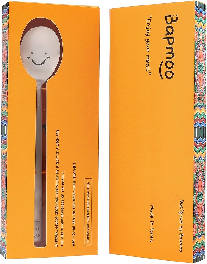 Korean Utensils Chopsticks and Spoon Set Reusable Long Handle Stainless Steel Good for Gift Happy Face & Hangul Characters Engraved Silver