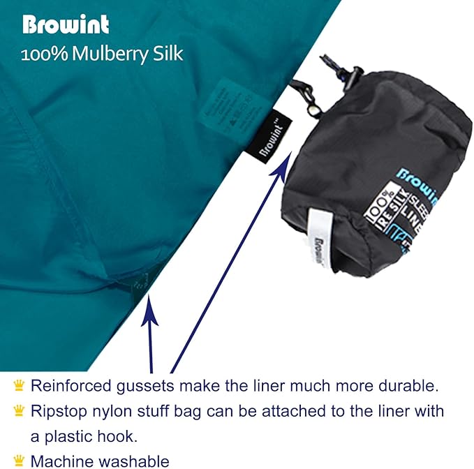 BROWINT Silk Sleeping Bag Liner, Silk Sleep Sack, Extra Wide 87"x43", Lightweight Travel Sheet for Hotels, More Colors for Option, Reinforced Gussets