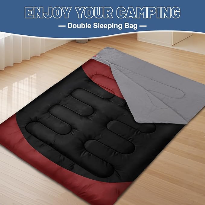 Double Sleeping Bag for Adults Machine Washable 2 Person Camping Sleeping Bag Queen Size Waterproof with Compression Sack for Cold Weather 3-4 Seasons