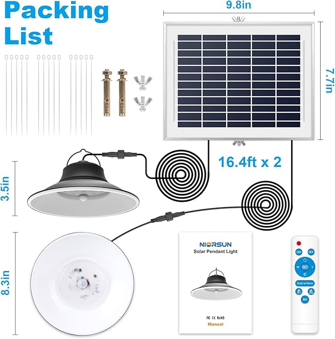 NIORSUN Solar Pendant Light, Upgraded Motion Sensor Light Outdoor Solar Lights Indoor Dimmable with Remote 3000K/4500K/6000K, 2x16.4ft Cable IP65 Waterproof for Shed, Barn, Gazebo, Patio(2 Pack)