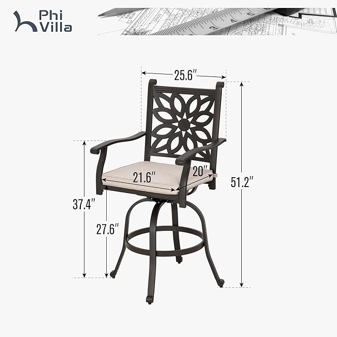 PHI VILLA Outdoor Swivel Bar Stools Set of 2, Cast Aluminum High Top Pub Height Patio Bar Chairs with Seat Cushion