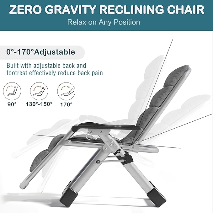 NAIZEA Padded Zero Gravity Chair, Folding Outdoor Lounge Chairs, Adjustable Reclining Camping Chairs with Cup Holder, Ergonomic Patio Lawn Chair for Balcony Beach Deck Yard