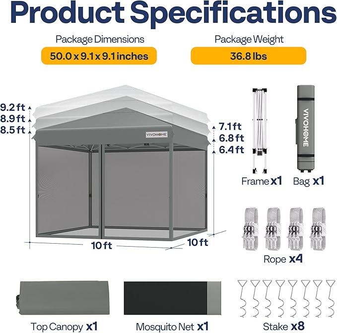 VIVOHOME 10x10ft Easy Pop-Up Canopy, Outdoor Screen Tent with Mosquito Netting, 2 Zipper Doors, and Roller Bag for Yard Camping Picnic Party Events, Grey