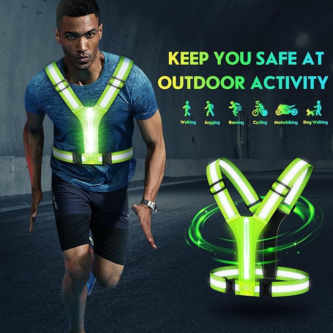 Simket Led Reflective Vest Running Gear, High Visibility Reflective Running Gear Rechargeable Adjustable Led Running Vest, Safety Night Running Gear for Men Women