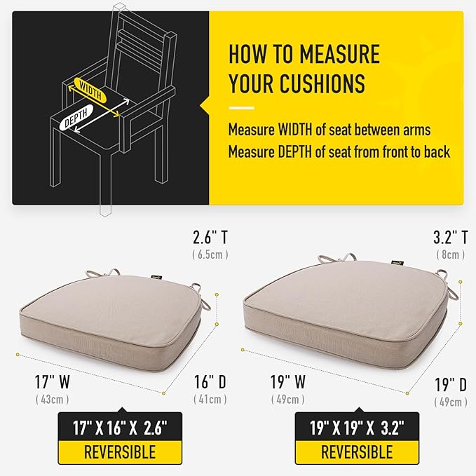 SUNROX Gel Memory Foam Chair Cushions, FadeShield Water-, Stain-Resistant Durable Reversible Seat Cushion Pads with Ties for Indoor/Outdoor Kitchen Dining Office 17"x16" Set of 4, Husk Birch