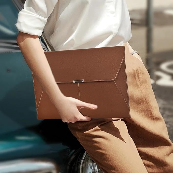 VANRA File Folder Document Holder Organizer Waterproof Portfolio Leather Folder Case with 3 Pockets, Filing Envelopes for A4 Letter Size Paper with Snap Magnetic Button Closure (Brown)