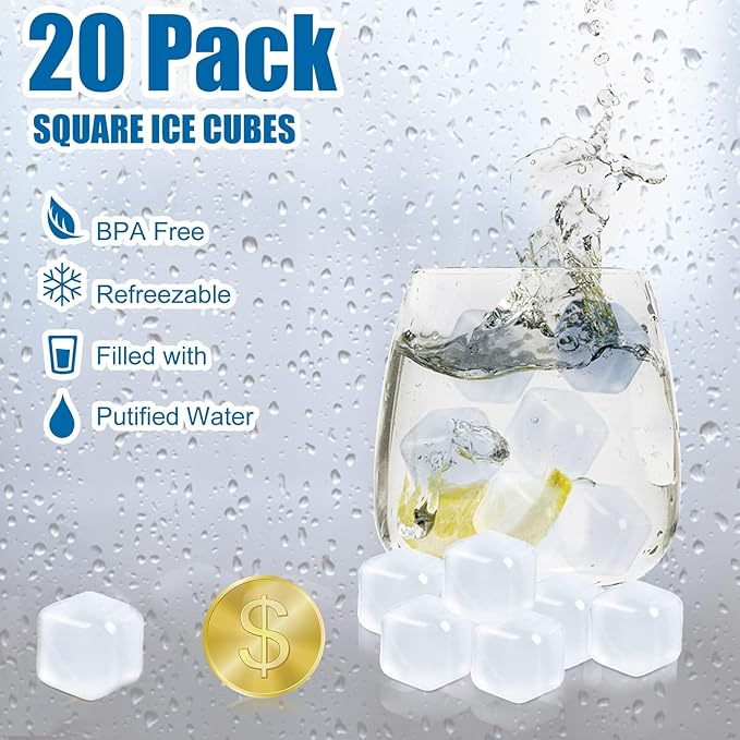 20 Pack Reusable Ice Cubes for Drinks, Refreezable Plastic Ice Cubes Without Diluting, Permanent Ice Cube Frozen BPA Free, Cocktails Like Whiskey, Wine, or Coffee