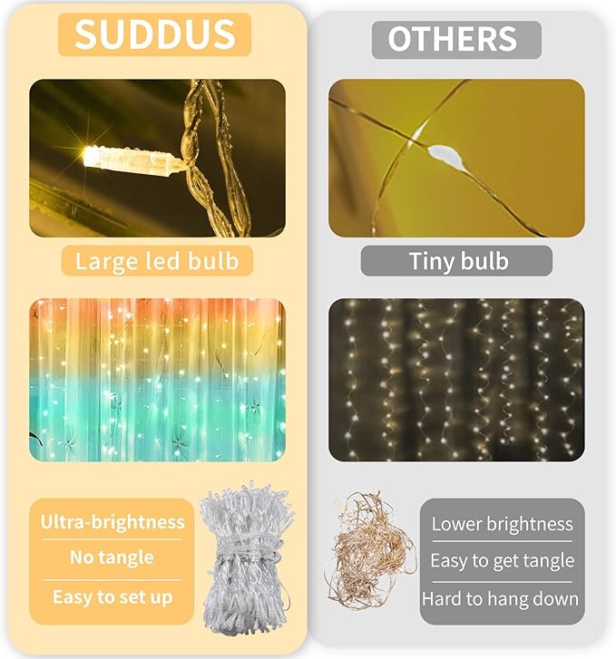 suddus Curtain Lights, 180 Led 6.5 * 5.9ft Sunset Curtain Fairy Lights USB, Hanging Lights for Bedroom, Backdrop, Room Decor, Wall, Window, Party, Tapestry, Multicolor