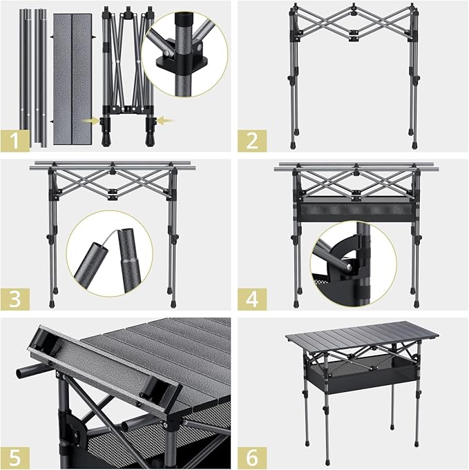 Folding Camping Table, Aluminum Roll Up Camping Table Adjustable Height with Storage Net and Bag, Lightweight Outdoor Table 32.2” X 16”, for Outdoor Travel BBQ Party Picnic, Black