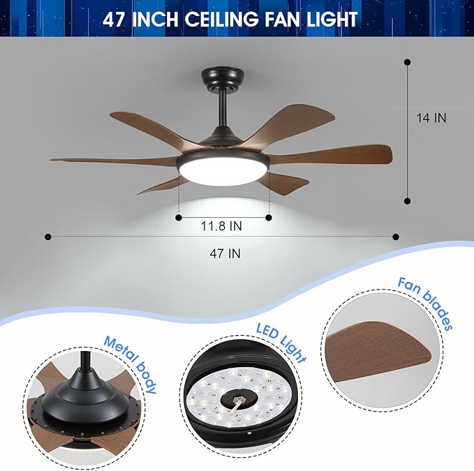 Ceiling Fans with Lights-47 Low Profile Ceiling Fan with Light and Remote/APP Control,Flush Mount,DC Reversible,LED Dimmable Ceiling Fans for Bedroom,Indoor/Outdoor Patio Use(Brown)
