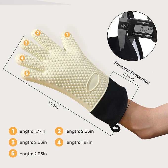 GEEKHOM BBQ Gloves Heat Resistant Oven Mitts - Silicone Grilling Gloves with 13.7" Arm Protection - Waterproof Pot Holder Non-Slip for Men & Women, Kitchen Outdoor Cooking, Baking, Camping, Mint Beige