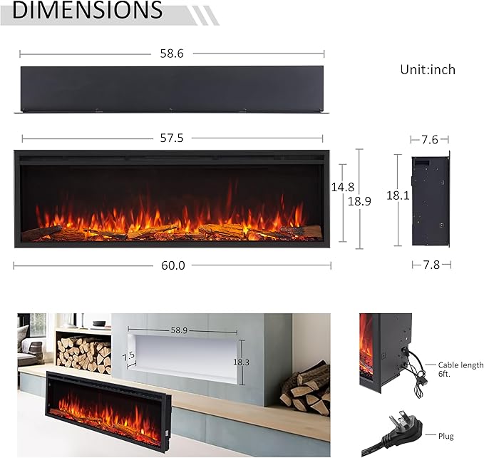 LegendFlame 60" W Smart Wall Mount & in Wall Recessed Electric Fireplace Insert, Heater 750W/1500W, Multi Colors of Flame & Fuel Bed, Alexa/Google Assistant Enabled