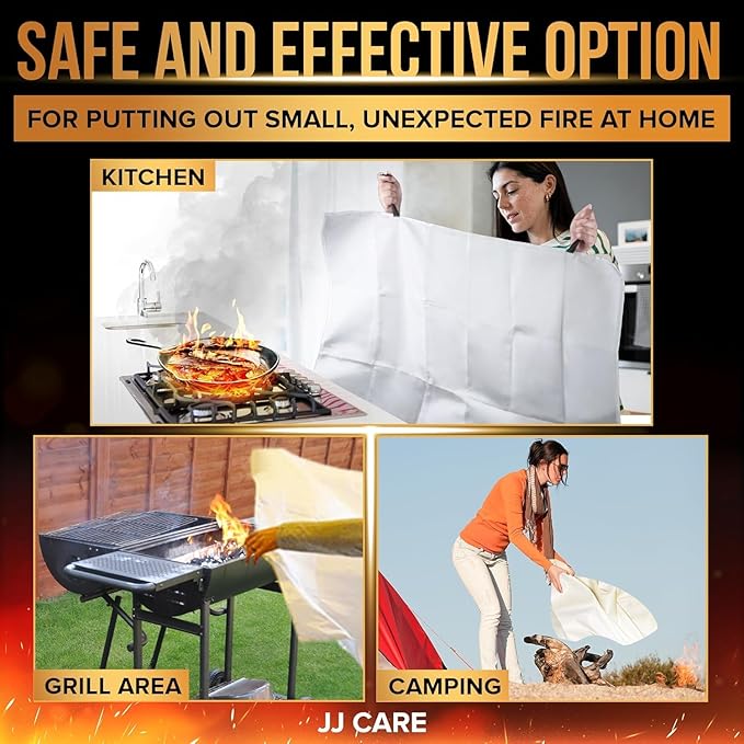 JJ CARE Fire Blanket – 5 Packs with Hooks – 40” x 40” Fire Blankets Emergency for Home and Kitchen, High Heat Resistant and Flame Protection for Kitchen, Car, Office, Camping & Home Safety