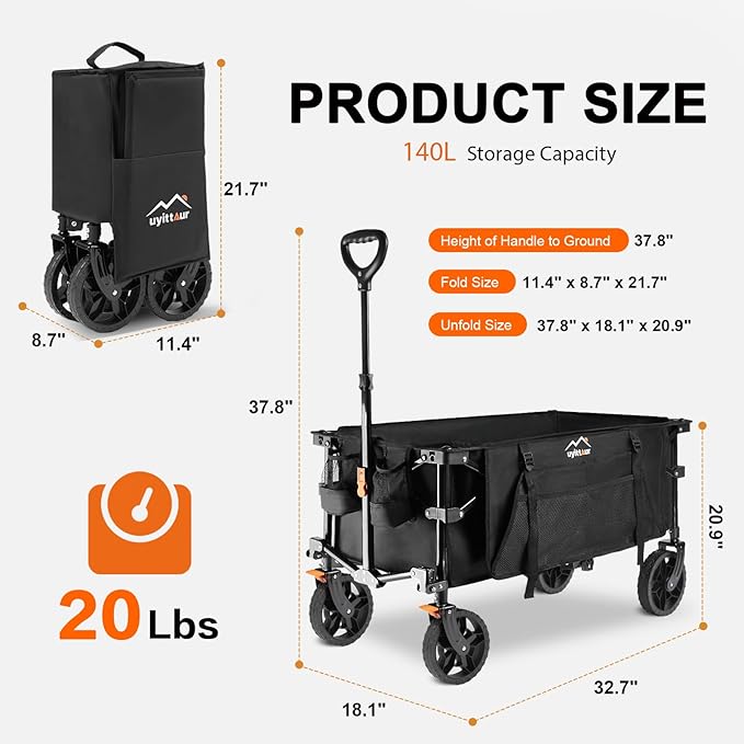 140L Collapsible Wagon Cart Foldable, Folding Utility Grocery Cart with Side Pocket and Brakes for Shopping, Sports, Camping and Garden, Black