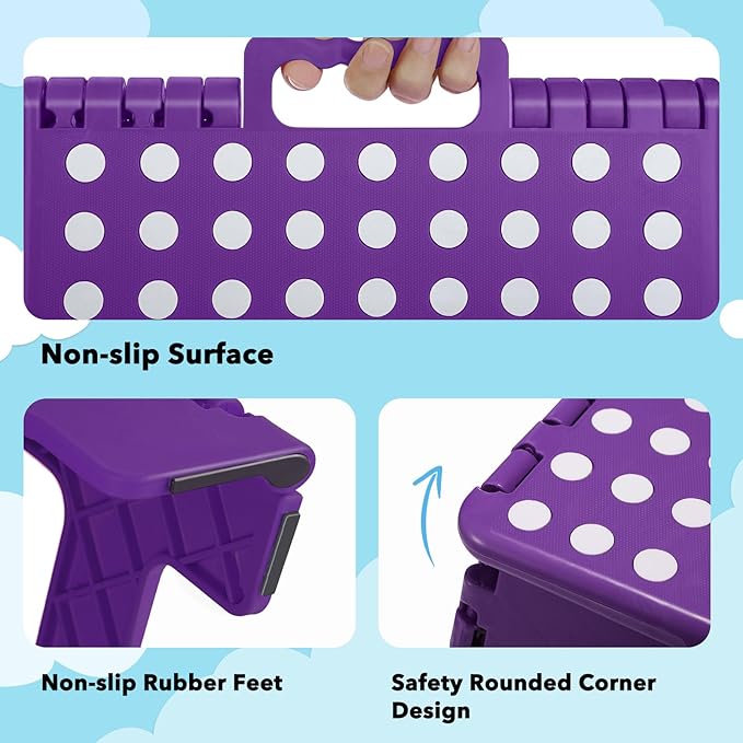 ACKO Folding Step Stool 9 Inch 300 lb Capacity, Plastic Foldable Step Stools for Kids and Adults, Folding Stools Suitable for Kitchen, Stepping Stool with Handle Purple 1PC