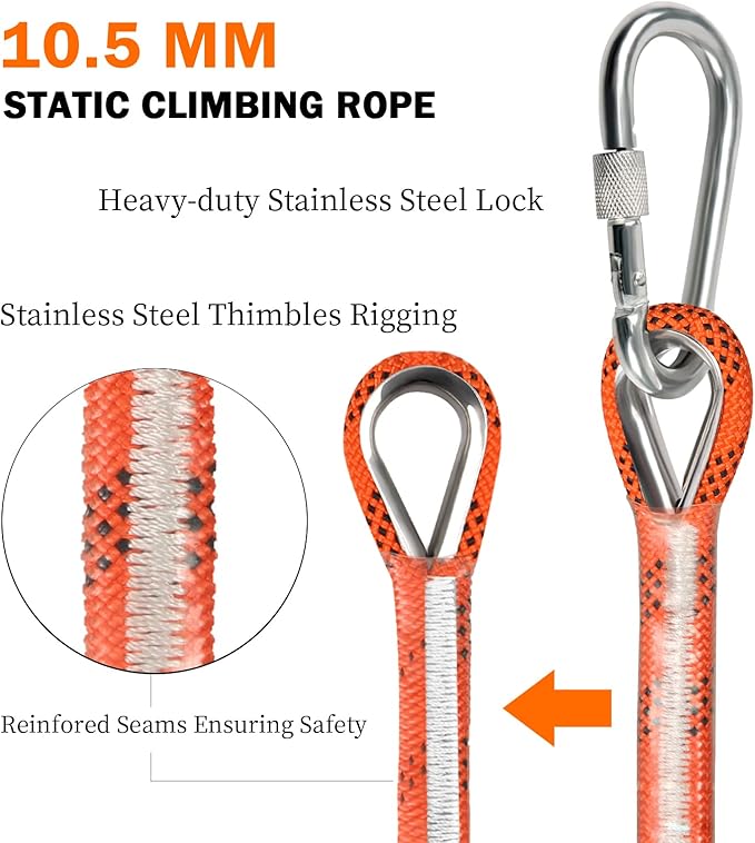 AOLEBA 10.5 mm Static Climbing Rope 10M(32ft) 20M(64ft) 30M(96ft) 50M(160ft) 70M(230ft) Outdoor Rock Climbing Rope, Escape Rope Ice Climbing Equipment Fire Rescue Parachute Rope