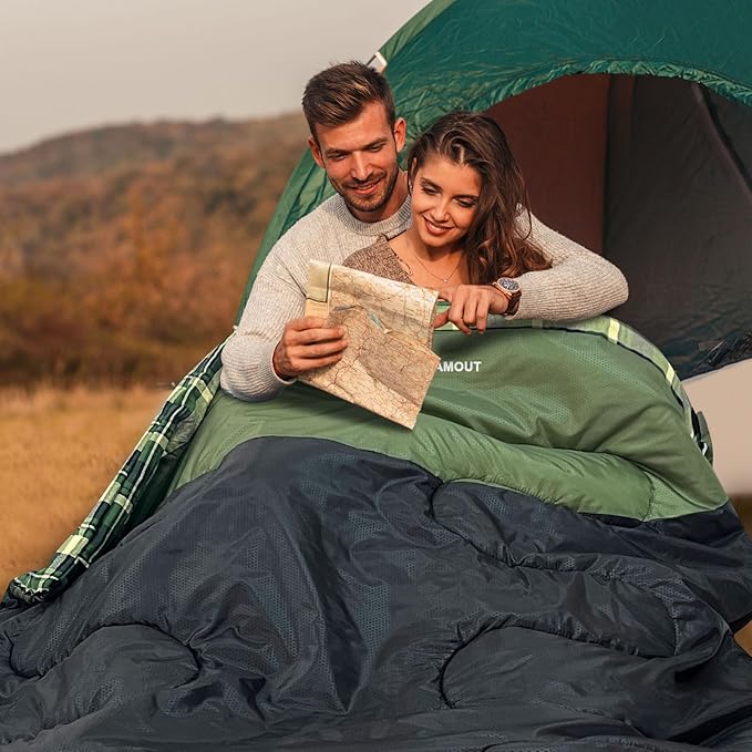 Double Sleeping Bag for Adults Machine Washable 2 Person Camping Sleeping Bag Queen Size Waterproof with Compression Sack for Cold Weather 3-4 Seasons